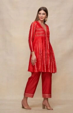 Gota Pleating Red Open Gota Kurta Dress -Ethereal Styles asgulabood1gpred4