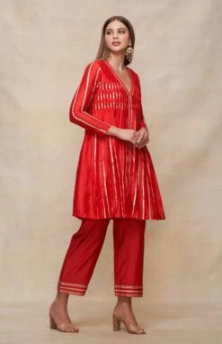 Gota Pleating Red Open Gota Kurta Dress -Ethereal Styles asgulabood1gpred5
