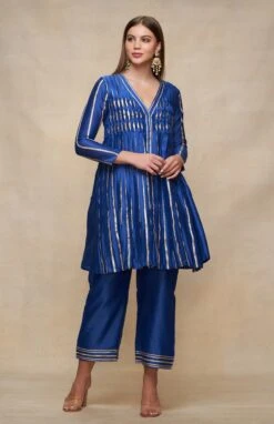 Gota Pleating Royal Blue Open Gota Kurta Dress -Ethereal Styles asgulabood1gproyalblue3