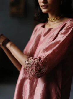 Pink Dress Handloom Tissue Kurta Set -Ethereal Styles asympnktsunvrtnset4