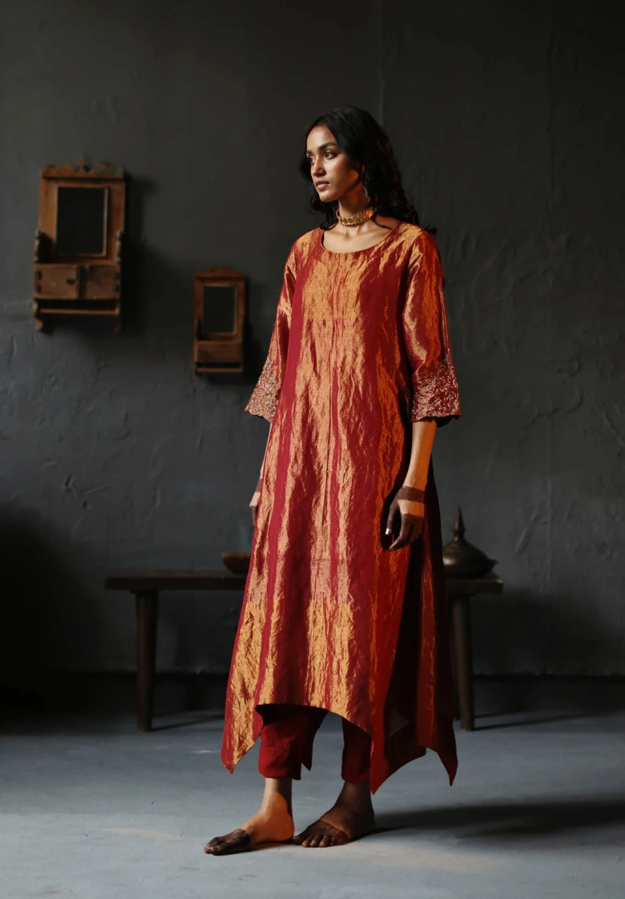 Red Dress Handloom Tissue Kurta Set 4 Red Dress Handloom Tissue Kurta Set - Image 2