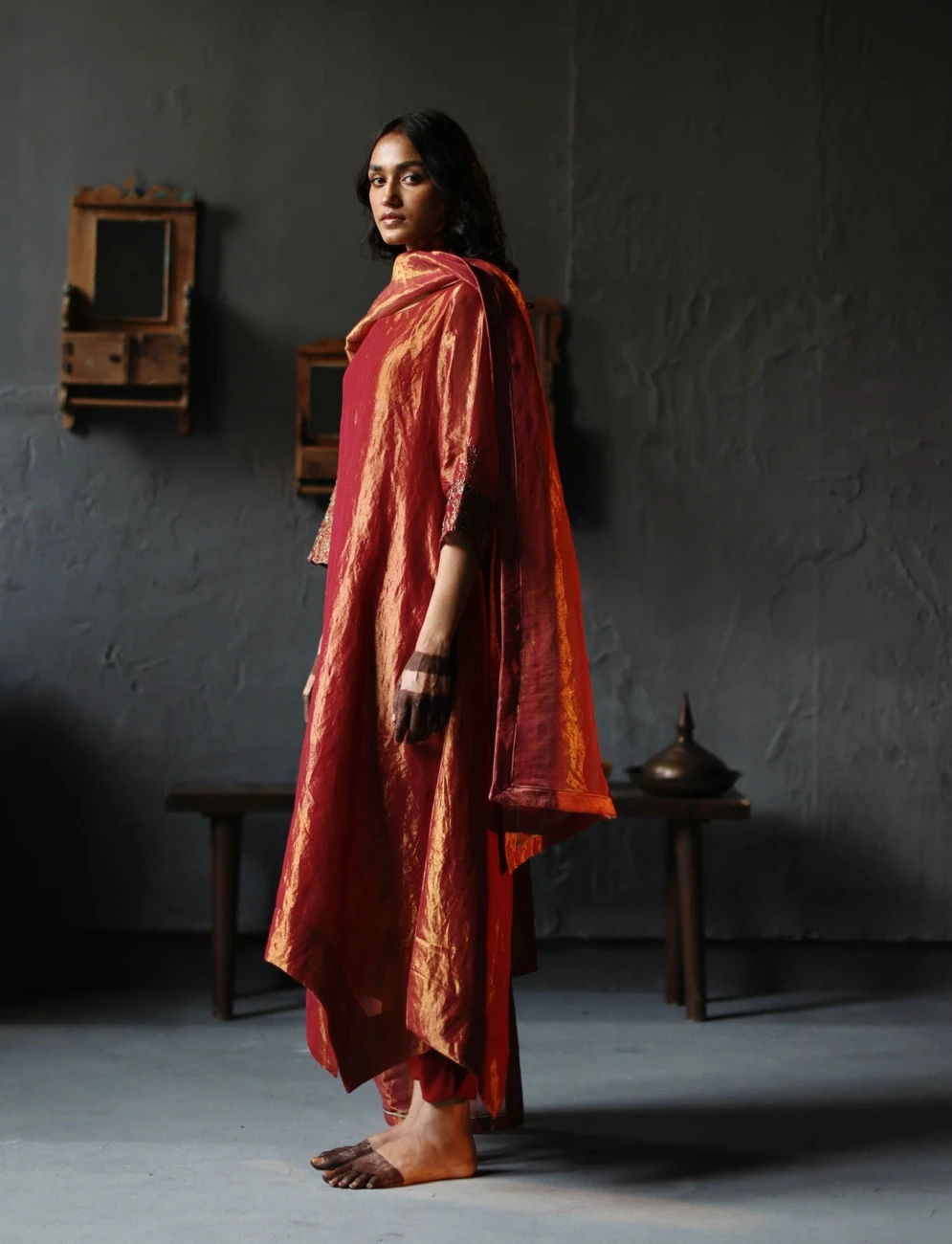 Red Dress Handloom Tissue Kurta Set 5 Red Dress Handloom Tissue Kurta Set - Image 3