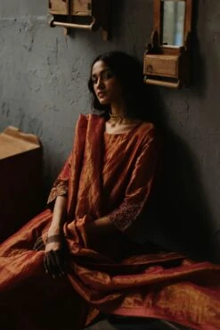 Red Dress Handloom Tissue Kurta Set 13 Red Dress Handloom Tissue Kurta Set -Ethereal Styles asymrdtsunvrtnset5