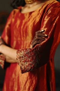 Red Dress Handloom Tissue Kurta Set 14 Red Dress Handloom Tissue Kurta Set -Ethereal Styles asymrdtsunvrtnset6