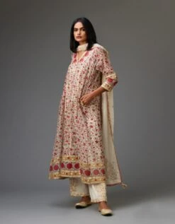 Red And Off White Hand Block Printed Kurta Dress Set