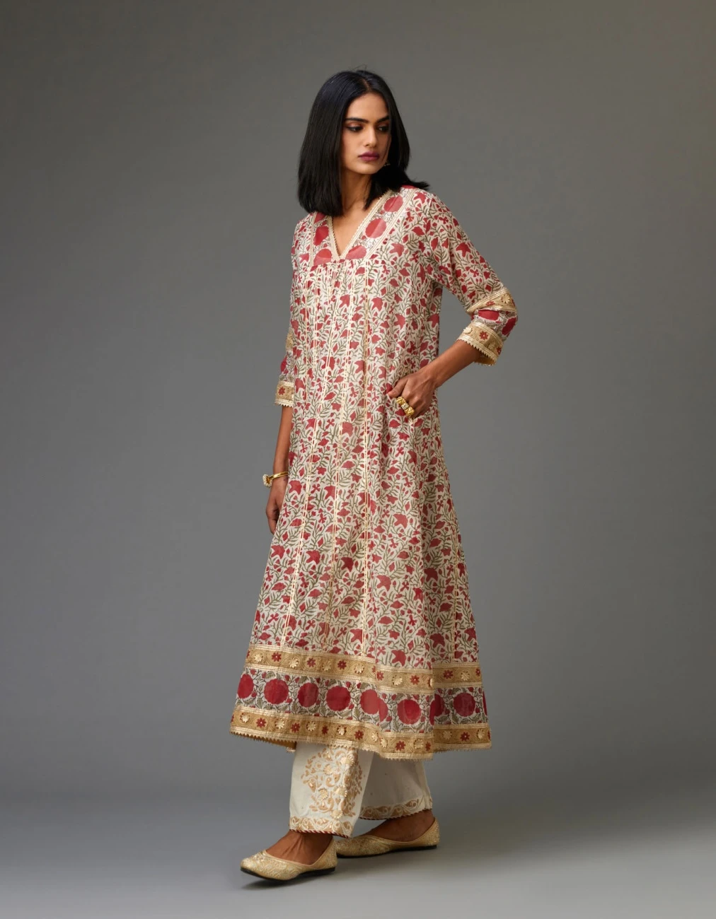 Red And Off White Hand Block Printed Kurta Dress Set 5 Red And Off White Hand Block Printed Kurta Dress Set - Image 3