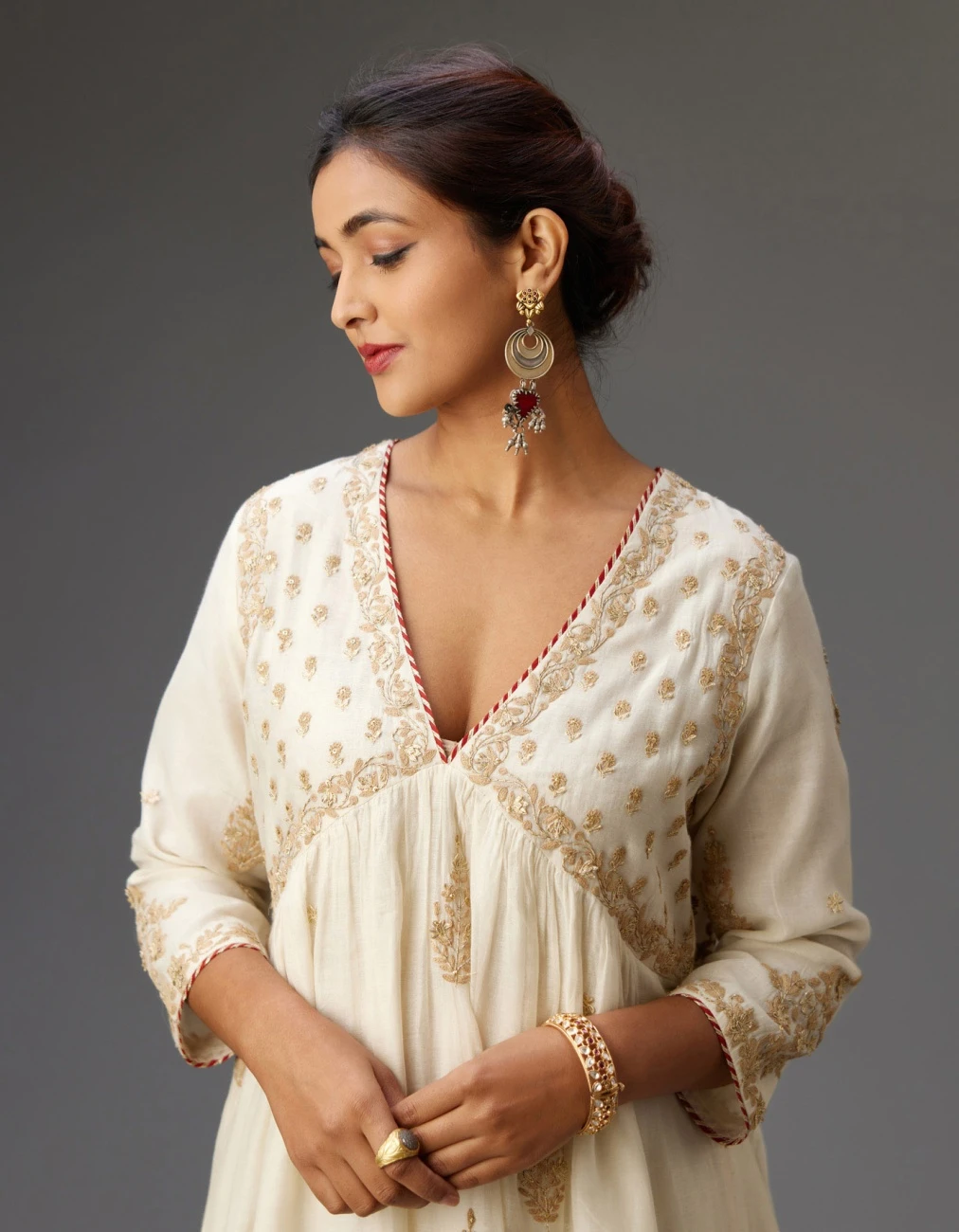 Off White Cotton Chanderi Kurta-Dress Set With Dori And Gota Embroidery 6 Off White Cotton Chanderi Kurta-Dress Set With Dori And Gota Embroidery - Image 4