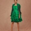 Emerald Green Two Tone Plain Cabbage Dress With Belt -Ethereal Styles aw22cc091