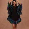 Black Multicolor Multicolour Feather Kaftan Mini Dress -Ethereal Styles aw22cg091