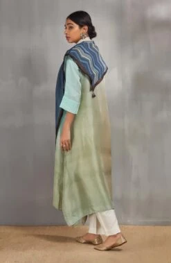 Apple Green Ombre Hued Asymmetrical Dress Kurta With Stole -Ethereal Styles b 11264