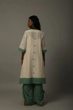 Ivory White With Green Khadi Jamdani Tunic Dress With String Trouser -Ethereal Styles b 14957