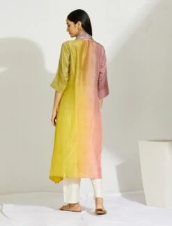 Artisanal Peach Yellow Asymmetrical Ombre Dress Kurta With Printed Stole -Ethereal Styles b 29449