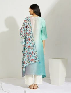 Artisanal Blue And Mauve Asymmetrical Ombre Dress Kurta With Printed Stole -Ethereal Styles b 29452