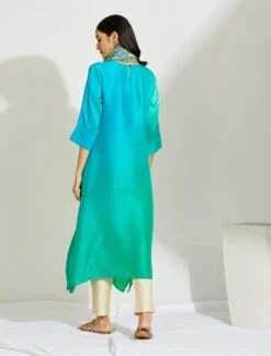 Artisanal Green And Blue Asymmetrical Ombre Dress Kurta With Printed Stole -Ethereal Styles b 29453