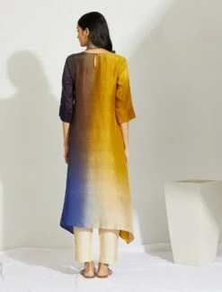 Artisanal Multicolor Asymmetrical Ombre Dress Kurta With Printed Stole -Ethereal Styles b 29455