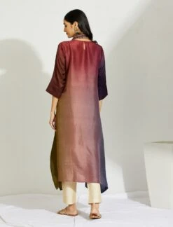 Artisanal Olive Navy Maroon Asymmetrical Ombre Dress Kurta With Printed Stole -Ethereal Styles b 29456