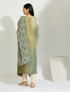 Artisanal Olive Pista Asymmetrical Ombre Dress Kurta With Printed Stole -Ethereal Styles b 29457