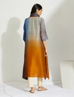 Artisanal Ink Mustard Asymmetrical Ombre Dress Kurta With Printed Stole -Ethereal Styles b 29458