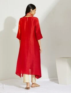 Artisanal Orange Red Asymmetrical Ombre Dress Kurta With Printed Stole -Ethereal Styles b 29459