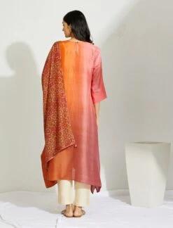 Artisanal Peach Mauve Asymmetrical Ombre Dress Kurta With Printed Stole -Ethereal Styles b 29462