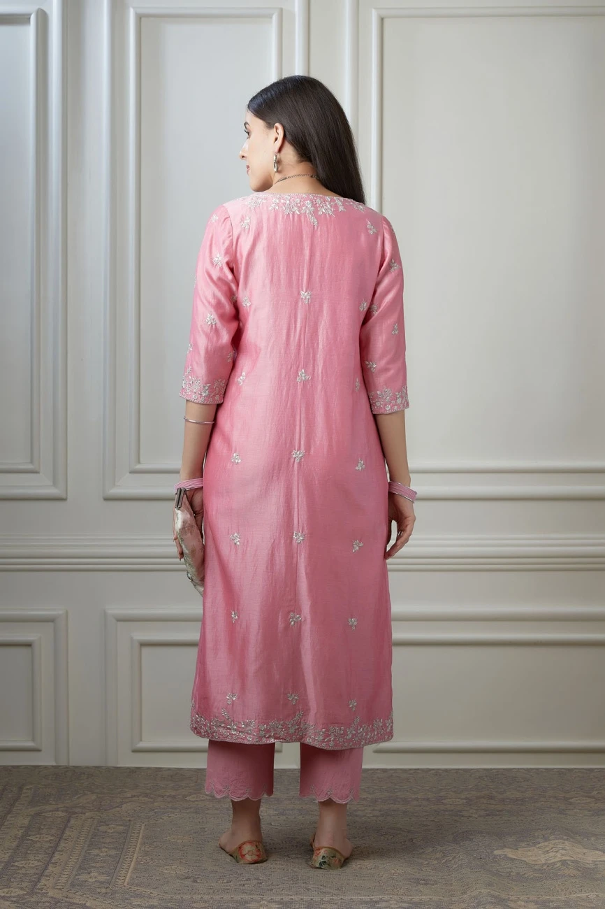 Lotus Pink Silver Zari Embroidered Kurta Dress Set With Fine Gathers At Waistline 10 Lotus Pink Silver Zari Embroidered Kurta Dress Set With Fine Gathers At Waistline - Image 8