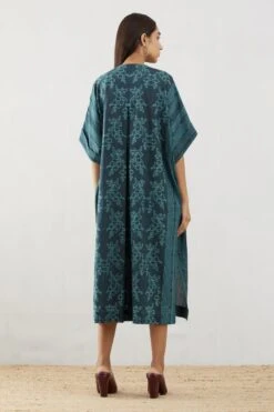 Teal Pleated Kaftan V-Neck Dress -Ethereal Styles b 39075