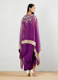 Purple Crinkle Dress Paired With Silk Organza Cape In Gota And Bead Embroidery -Ethereal Styles b 40666