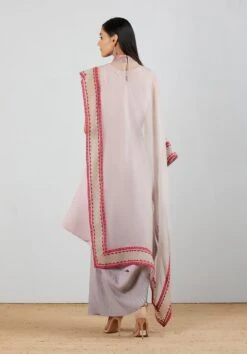 Blush Pink Grey Shaded Crinkle Crepe Dress With Asymmetric Cape -Ethereal Styles b 45818