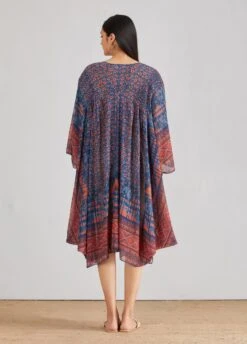 Blue Pleated Mid Calf Length Kaftaan Dress -Ethereal Styles b 46615