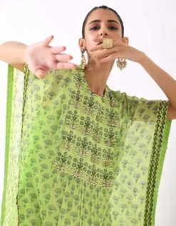 Mint Flower Motif Kaftaan Gather Dress -Ethereal Styles b 60992