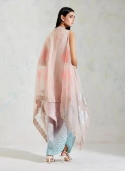 Pink With Aquatic Sage Shaded Organza And Crinkle Crepe Cape And Dress -Ethereal Styles b 62471