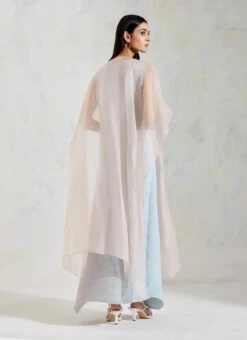 Pink And Aquatic Sage Shaded Organza And Crinkle Crepe Cape And Dress -Ethereal Styles b 62473