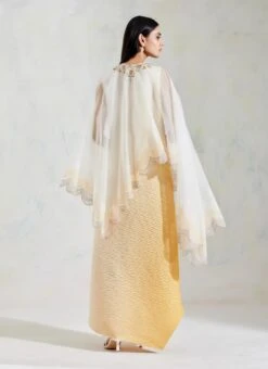 Ivory And Yellow Organza And Crinkle Crepe Cape And Dress -Ethereal Styles b 62483
