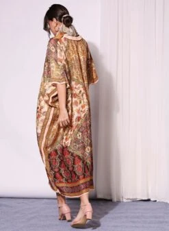 Golden Beige Applique Printed Kaftan Dress -Ethereal Styles b 63450