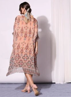 Coral Printed Kaftan Dress With Rushed Sleeves -Ethereal Styles b 63472