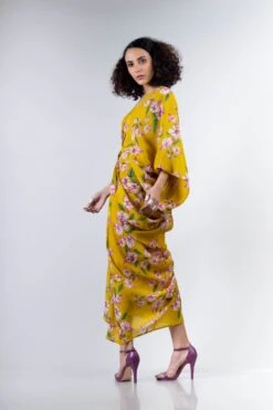 Yellow Bougainvillea Printed Drawstring Kite Dress -Ethereal Styles b 66581