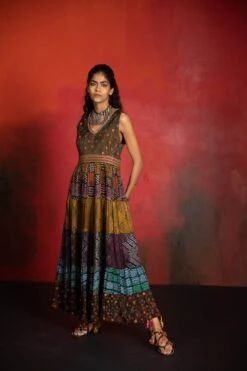 Brown Mirch Masala Embroidered Belt Tiered Dress -Ethereal Styles b 71673