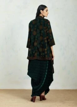Hand Block Printed Velvet Jacket Cape Paired With Crinkle Drape Dress -Ethereal Styles b 76775