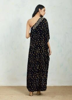 One Shoulder Velvet Asymetric Dress Embellished And Hand Block Printed -Ethereal Styles b 76793