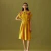 Yellow Chanderi Applique Beadwork Pleated Dress -Ethereal Styles cfs22d111