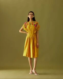 Yellow Chanderi Applique Beadwork Pleated Dress
