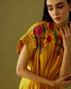 Yellow Chanderi Applique Beadwork Pleated Dress -Ethereal Styles cfs22d113