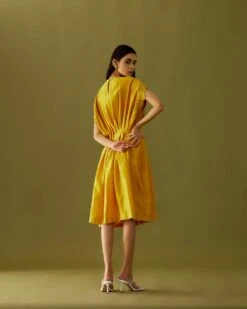 Yellow Chanderi Applique Beadwork Pleated Dress -Ethereal Styles cfs22d114