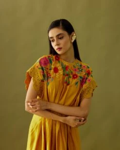 Yellow Chanderi Applique Beadwork Pleated Dress -Ethereal Styles cfs22d11b