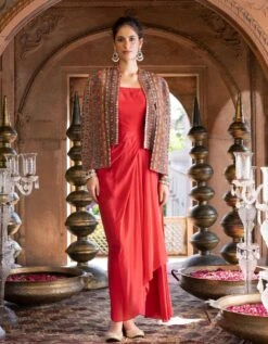 Red Draped Dress With Printed Cape Jacket