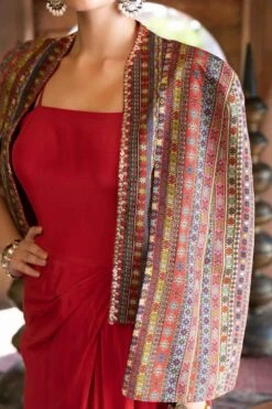 Red Draped Dress With Printed Cape Jacket -Ethereal Styles ch13883