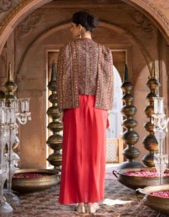 Red Draped Dress With Printed Cape Jacket -Ethereal Styles ch1388b