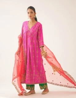 Fiji Fuchsia Silk Embroidered Kurta Dress Set
