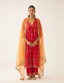Red Silk Embroidered Kurta Dress Set