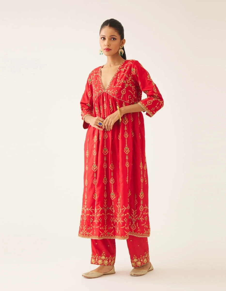 Red Silk Embroidered Kurta Dress Set 4 Red Silk Embroidered Kurta Dress Set - Image 2